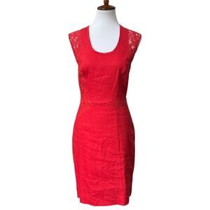 Artelier Nicole Miller Red Linen Blend Sleeveless Sheath Dress Lace Waist Size 8